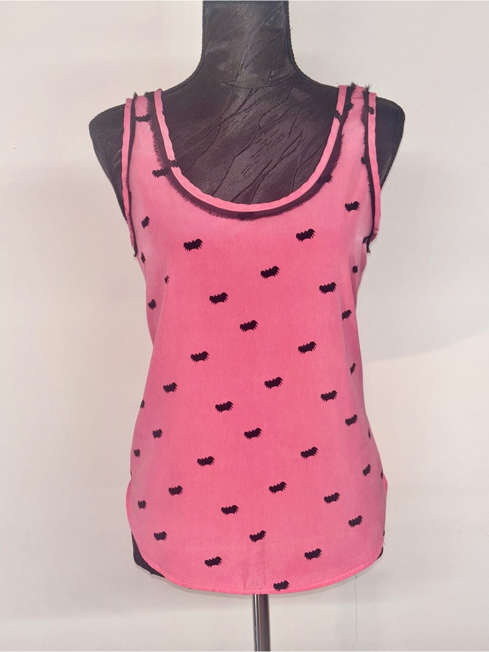 Sweet Rain - Coral Pink, Sheer Tank Top with Black Bat Details Women’s Small